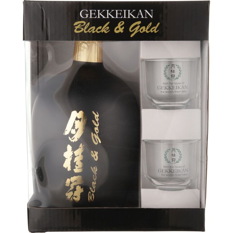 GEKKEIKAN JUNMAI SAKE BLACK & GOLD W/2 GUINOMI SAKE CUPS 750ML